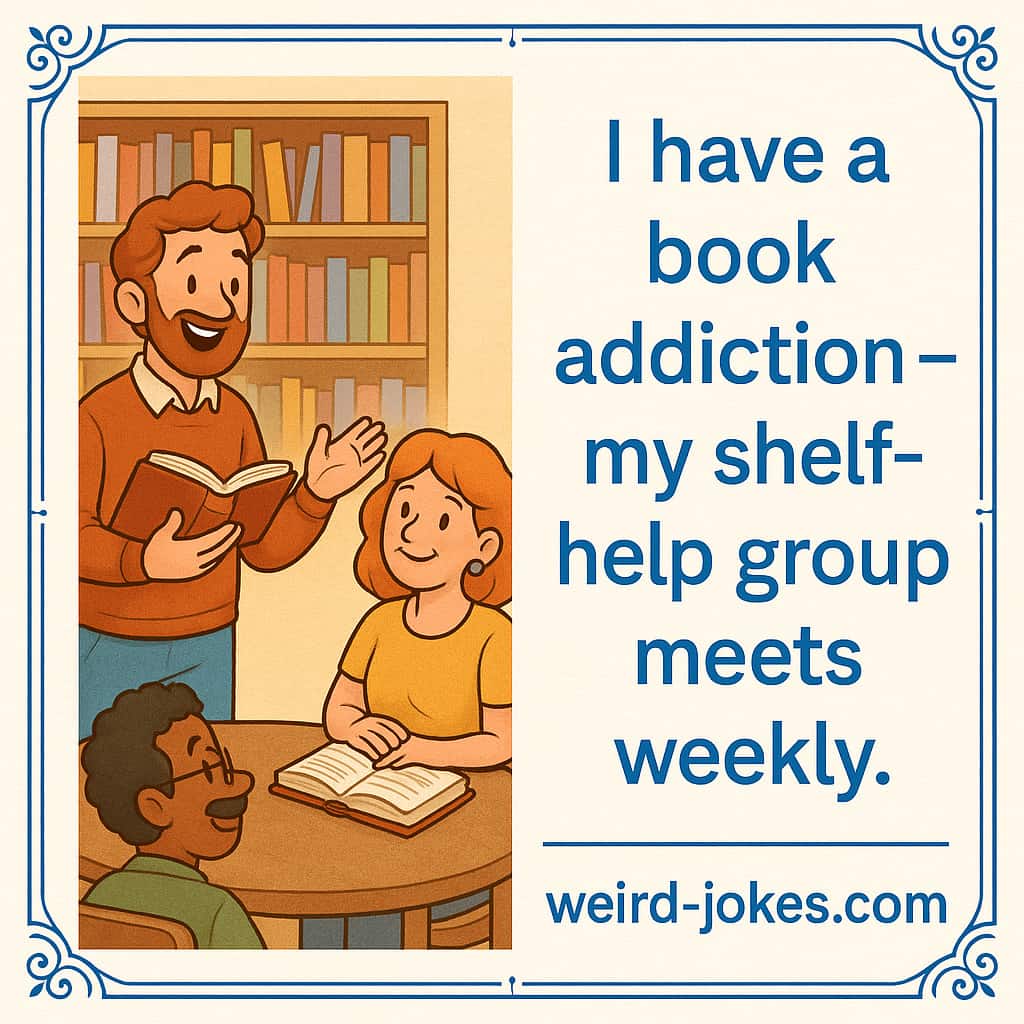 Literature joke meme: I have a book addiction — my shelf-help group meets weekly.
