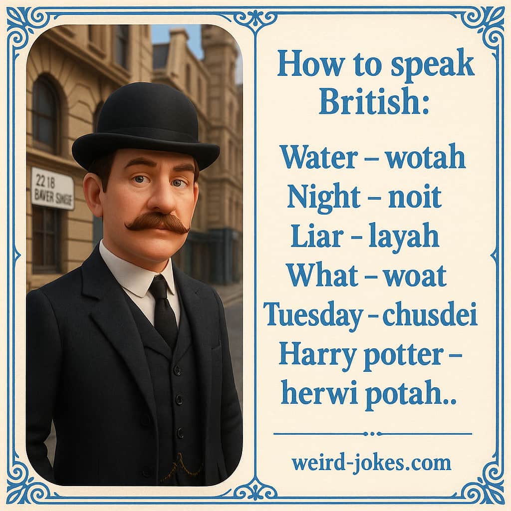 How to speak British: Water - wotah, Night - noit, Liar - layah, What - woat, Tuesday - chusdei, Harry potter - herwi potah.