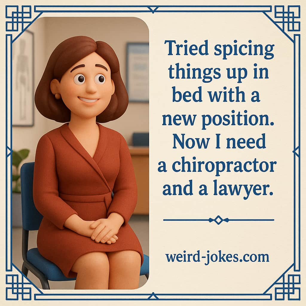 Tried spicing things up in bed with a new position. Now I need a chiropractor and a lawyer.