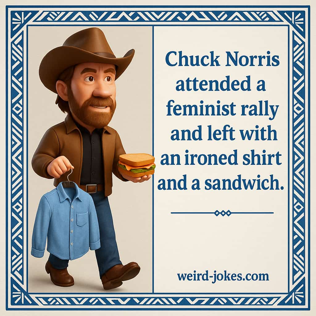 Chuck Norris attended a feminist rally and left with an ironed shirt and a sandwich.
