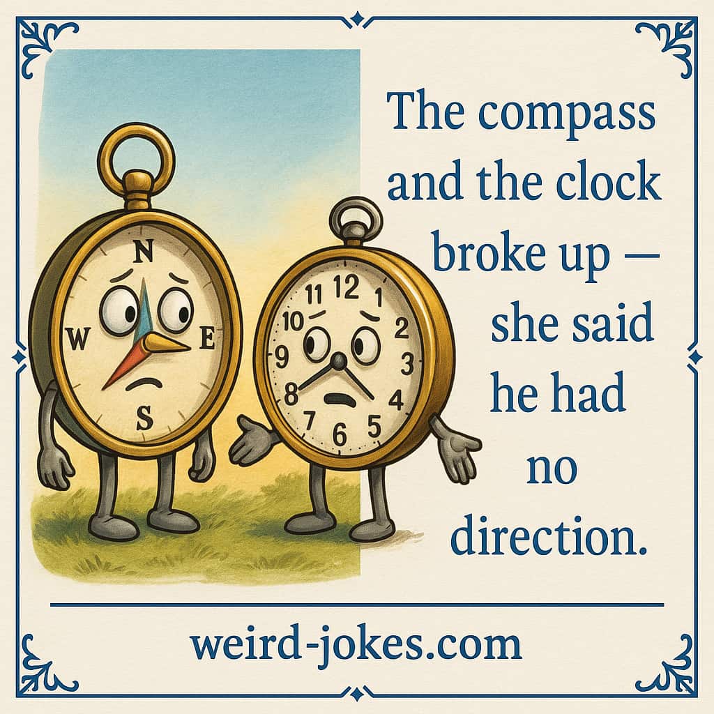 Geography joke meme: The compass and the clock broke up — she said he had no direction.