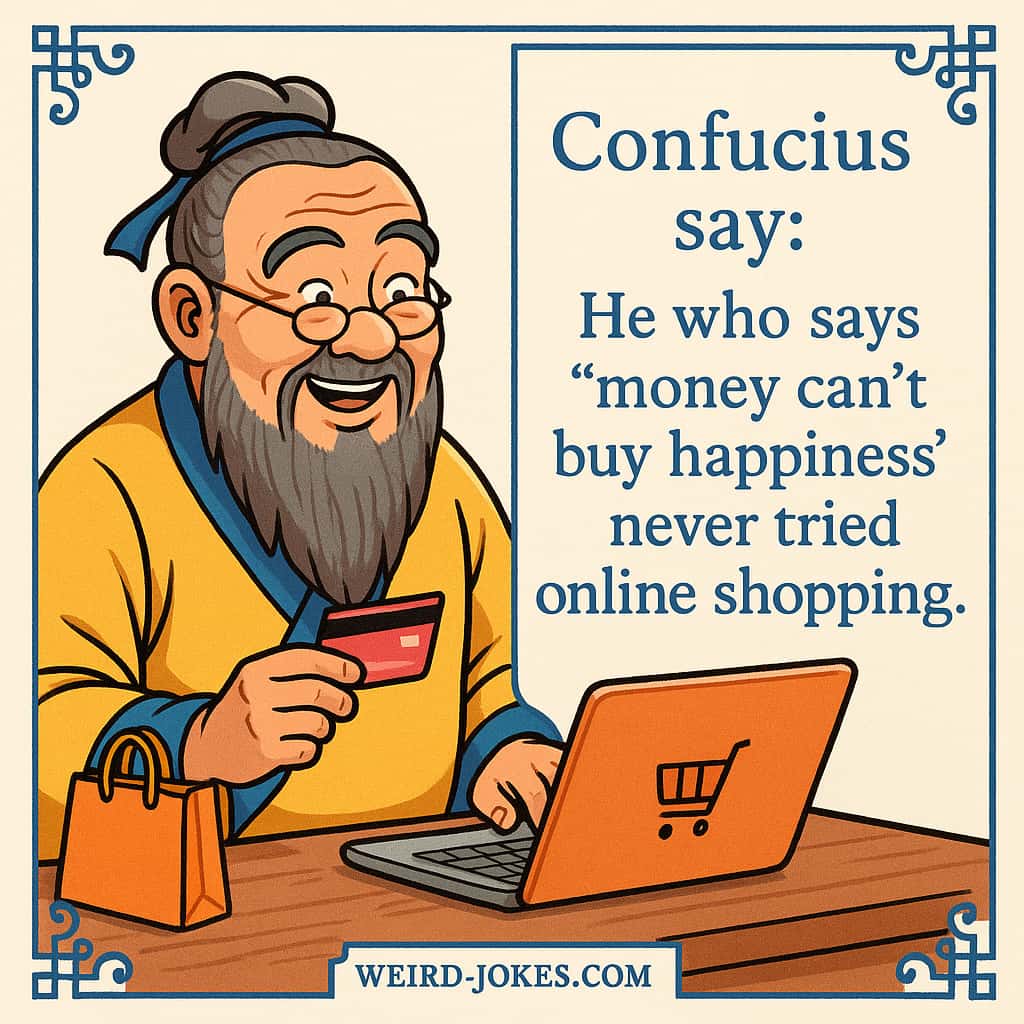 Confucius funny meme: He who says “money can’t buy happiness” never tried online shopping.