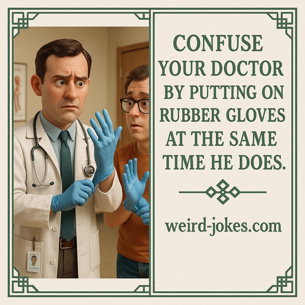 Confuse your doctor by putting on rubber gloves at the same time he does.