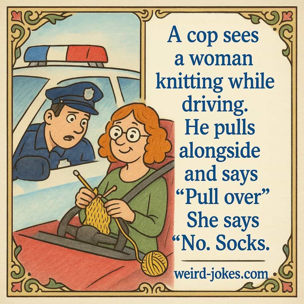 A cop sees a woman knitting while driving. He pulls alongside and says “pull over” She says “No. Socks.”