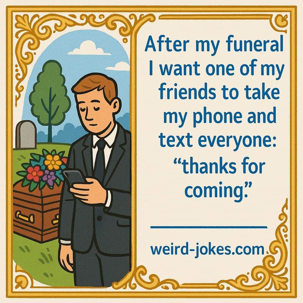 After my funeral I want one of my friends to take my phone and text everyone: thanks for coming.