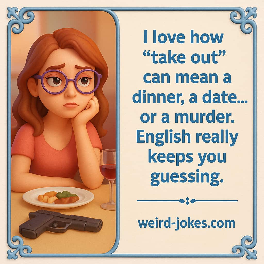 I love how “take out” can mean a dinner, a date… or a murder. English really keeps you guessing.