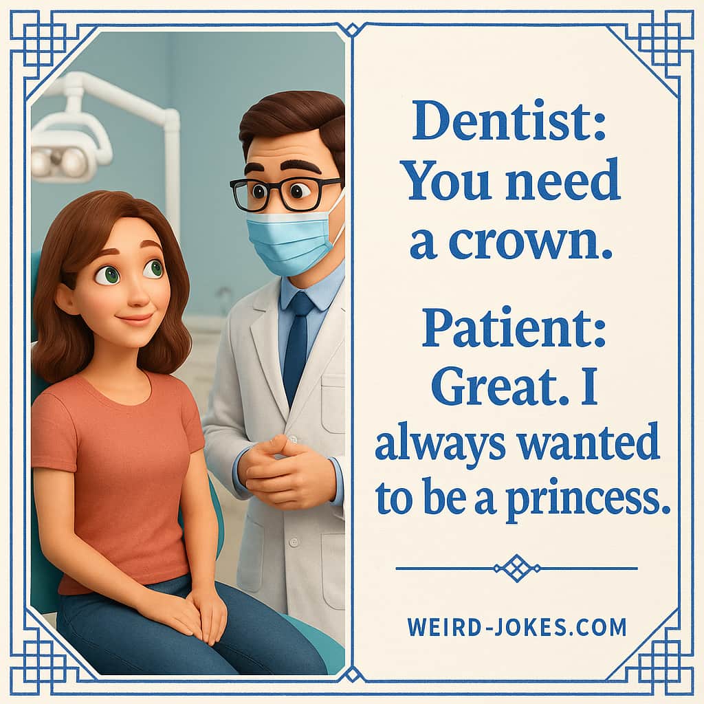 Dentist: You need a crown. Patient: Great. I always wanted to be a princess.