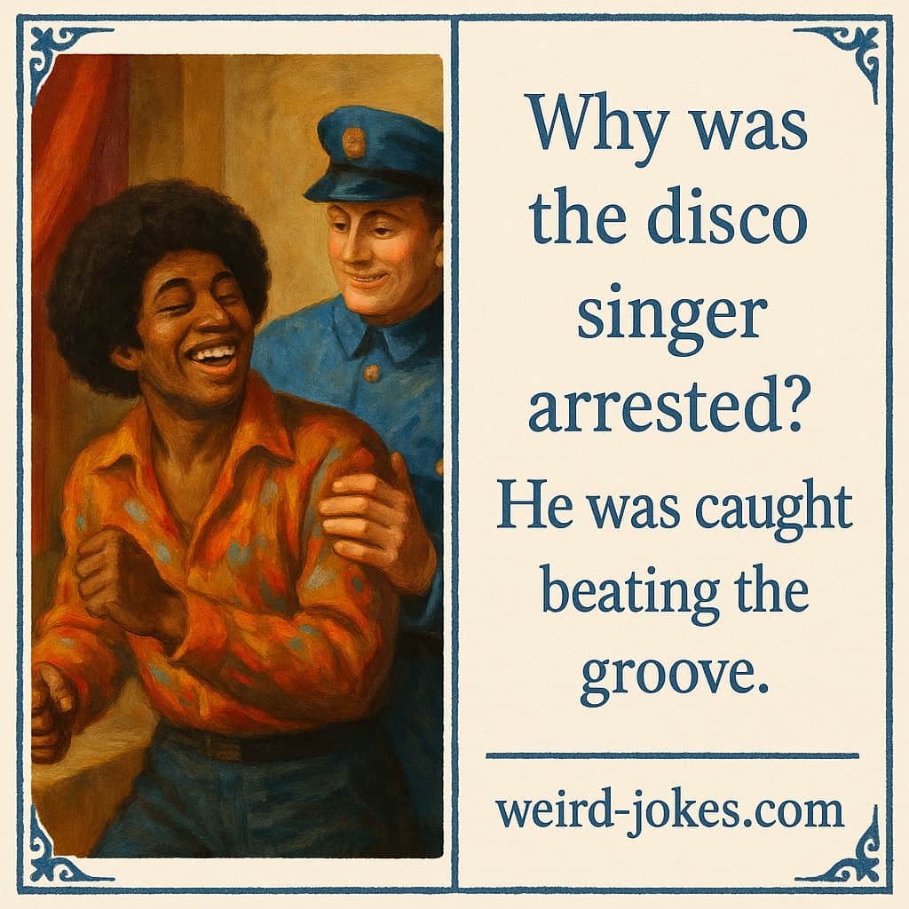Disco joke meme: Why was the disco singer arrested? He was caught beating the groove.