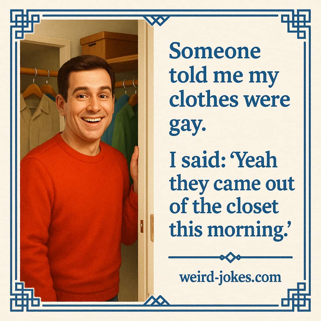 Someone told me my clothes were gay. I said: Yeah they came out of the closet this morning.