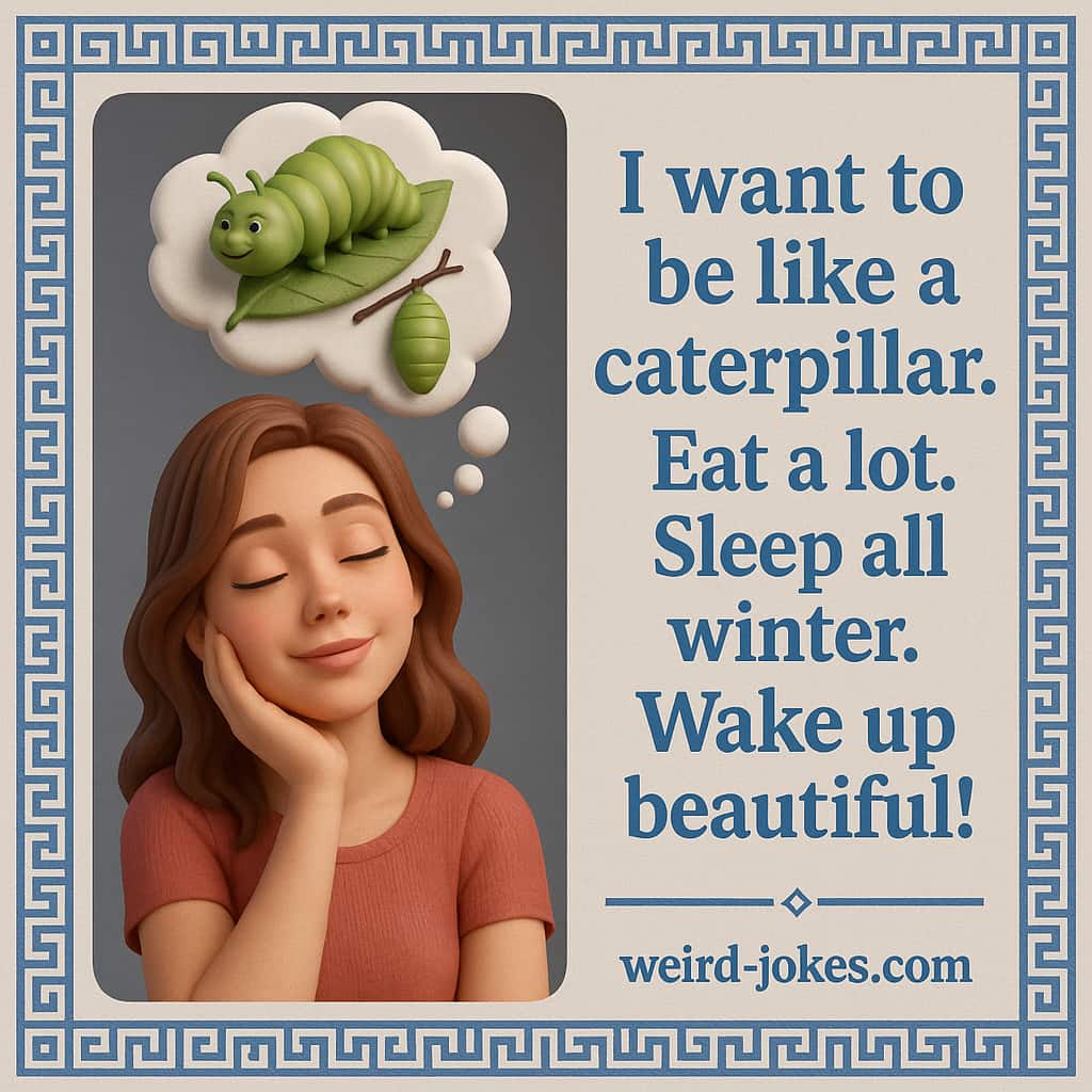 I want to be like a caterpillar. Eat a lot. Sleep all winter. Wake up beautiful!