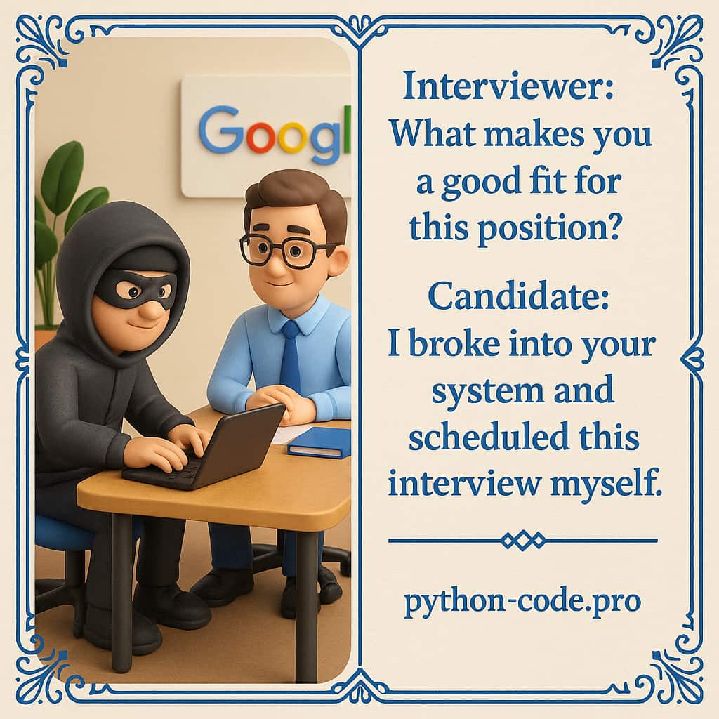 Interviewer: What makes you a good fit for this position? Candidate: I broke into your system and scheduled this interview myself.