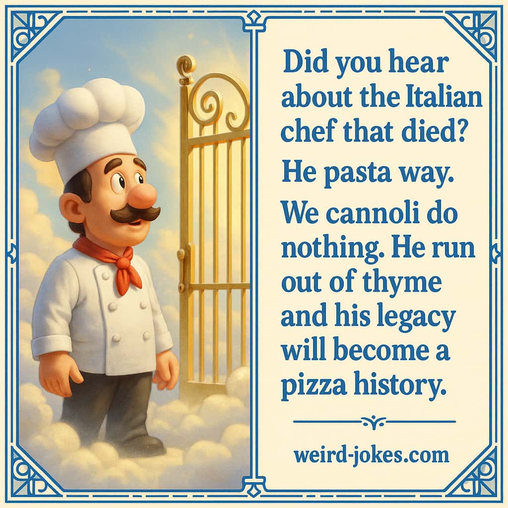 Did you hear about the Italian chef that died? He pasta way. We cannoli do nothing. He run out of thyme and his legacy will become a pizza history.