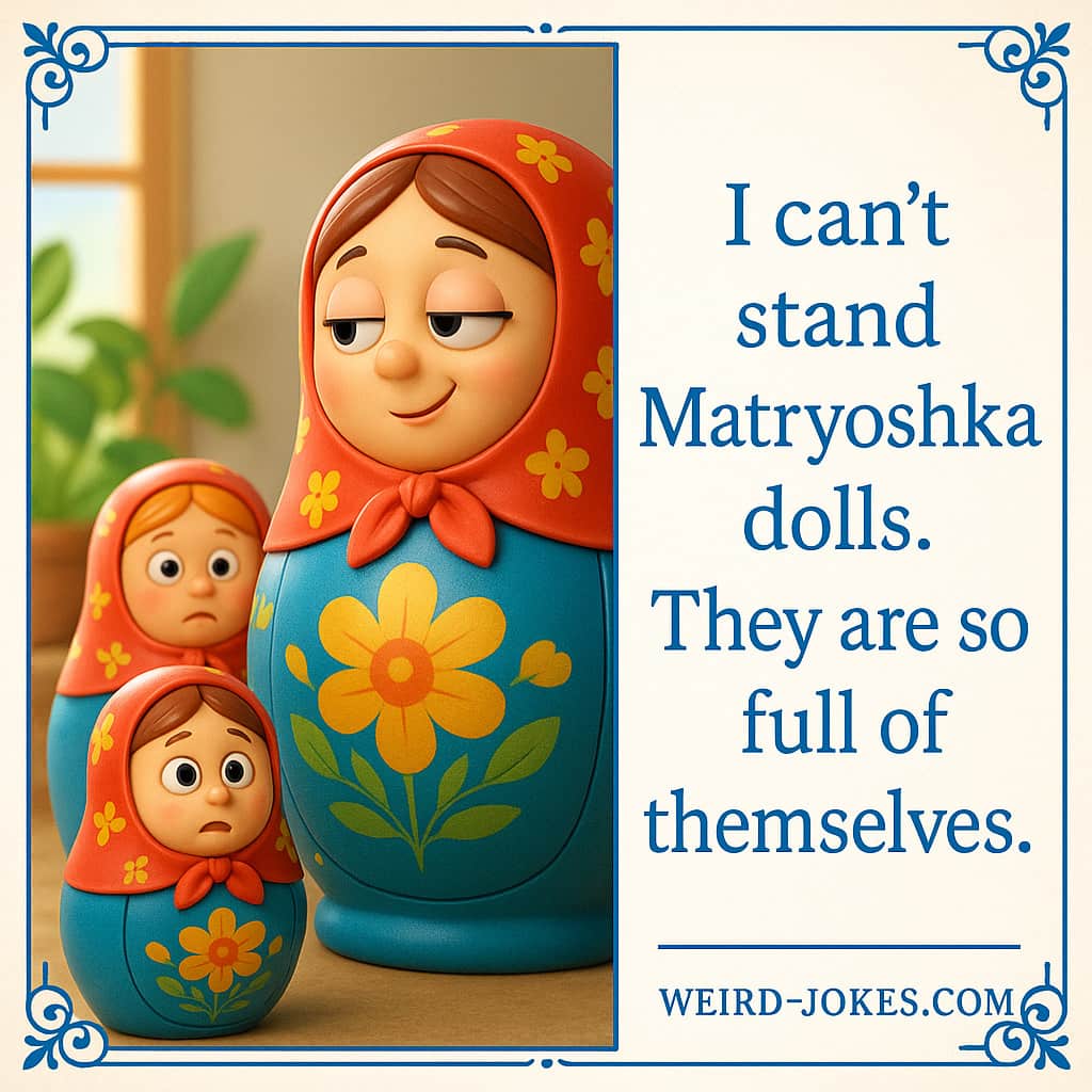 Family Joke meme: I can’t stand Matryoshka dolls. They are so full of themselves.
