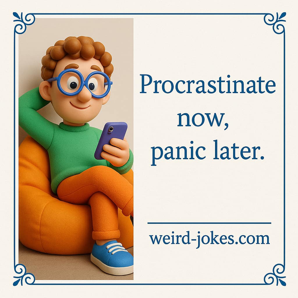 Motto funny meme: Procrastinate now, panic later.