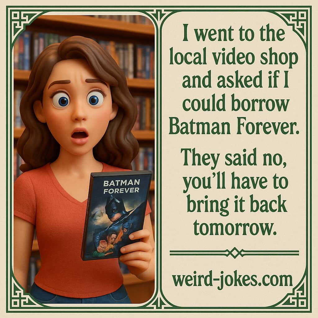 I went to the local video shop and asked if I could borrow Batman Forever. They said no, you’ll have to bring it back tomorrow.