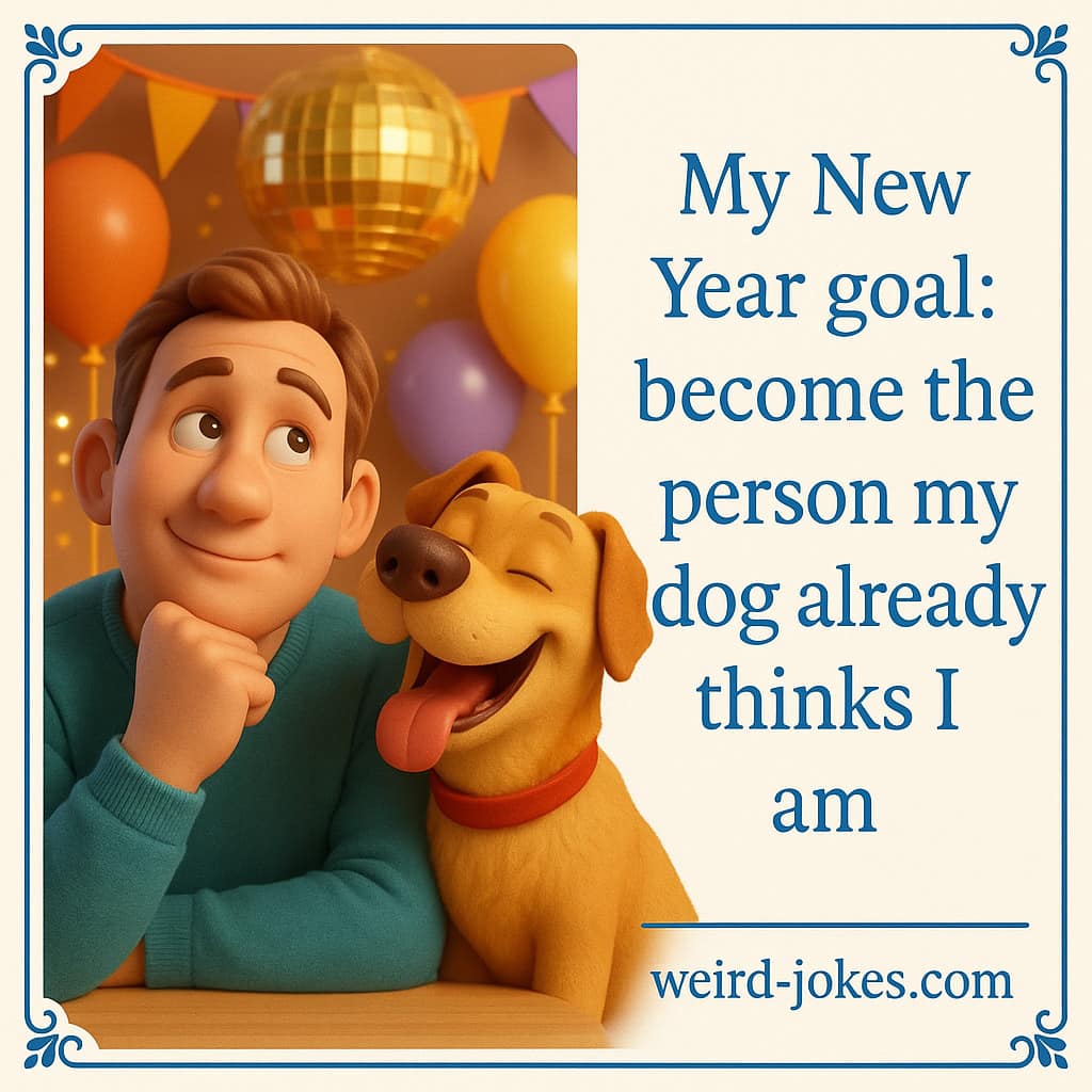 NEW YEAR Jokes meme: My New Year goal: become the person my dog already thinks I am.