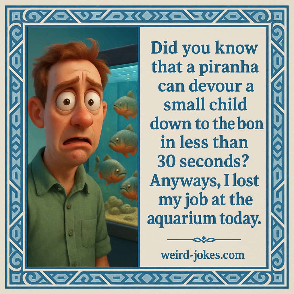 Did you know that a piranha can devour a small child down to the bone in less than 30 seconds? Anyways, I lost my job at the aquarium today.