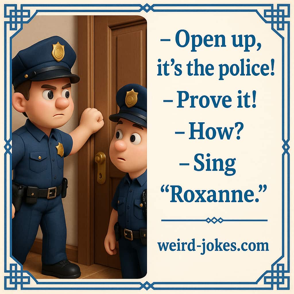 - Open up, it’s the police! - Prove it! - How? - Sing Roxanne.