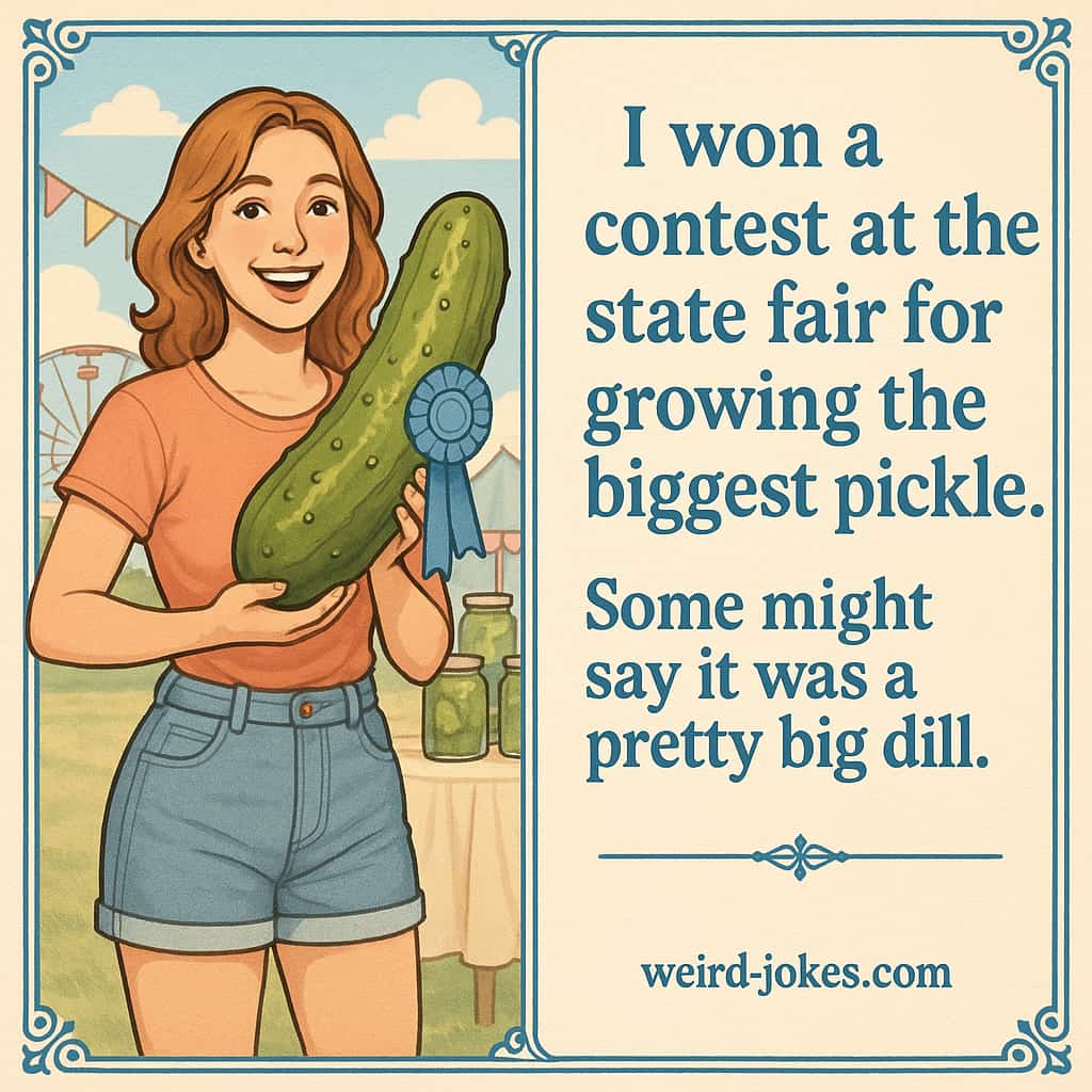 I won a contest at the state fair for growing the biggest pickle. Some might say it was a pretty big dill.