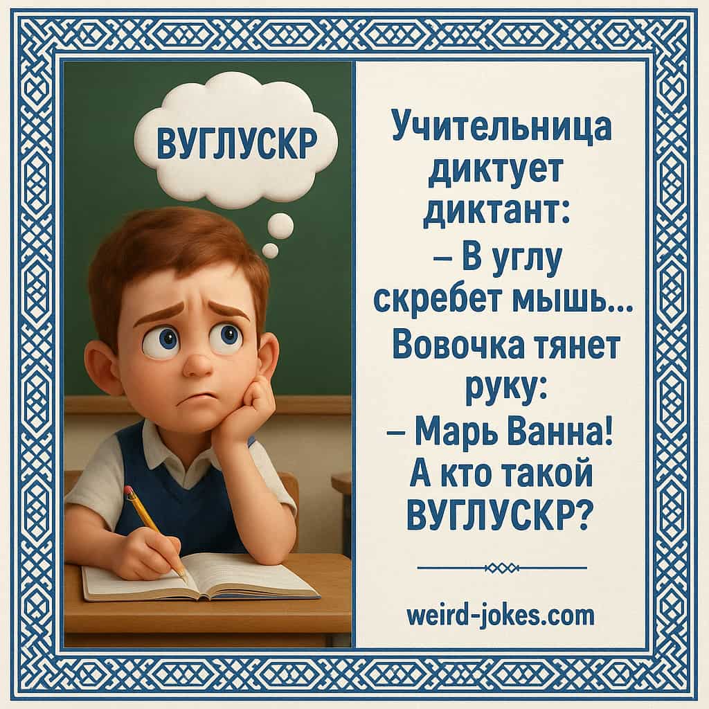 Учительница диктует диктант: -В углу скребет мышь...Вовочка тянет руку: -Марь Ванна! А кто такой ВУГЛУСКР?