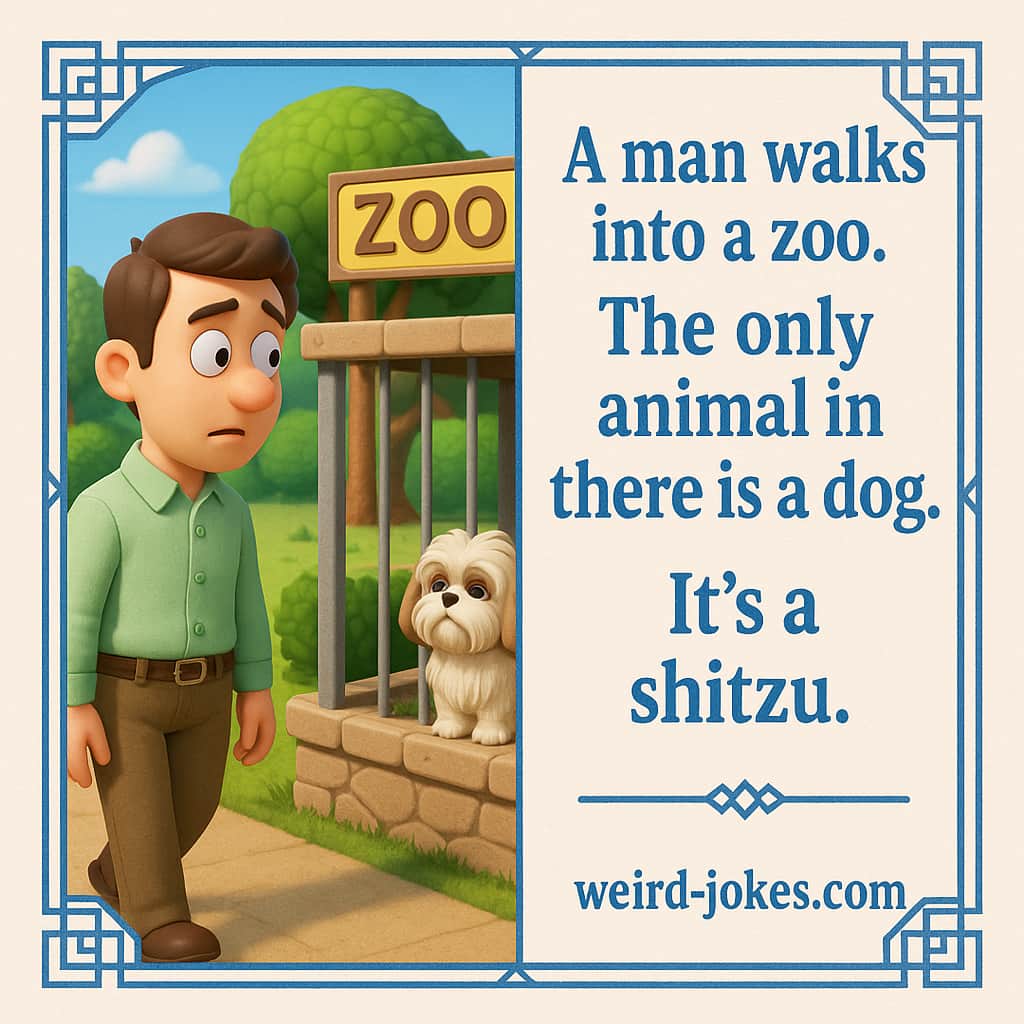 A man walks into a zoo. The only animal in there is a dog. It's a shitzu.