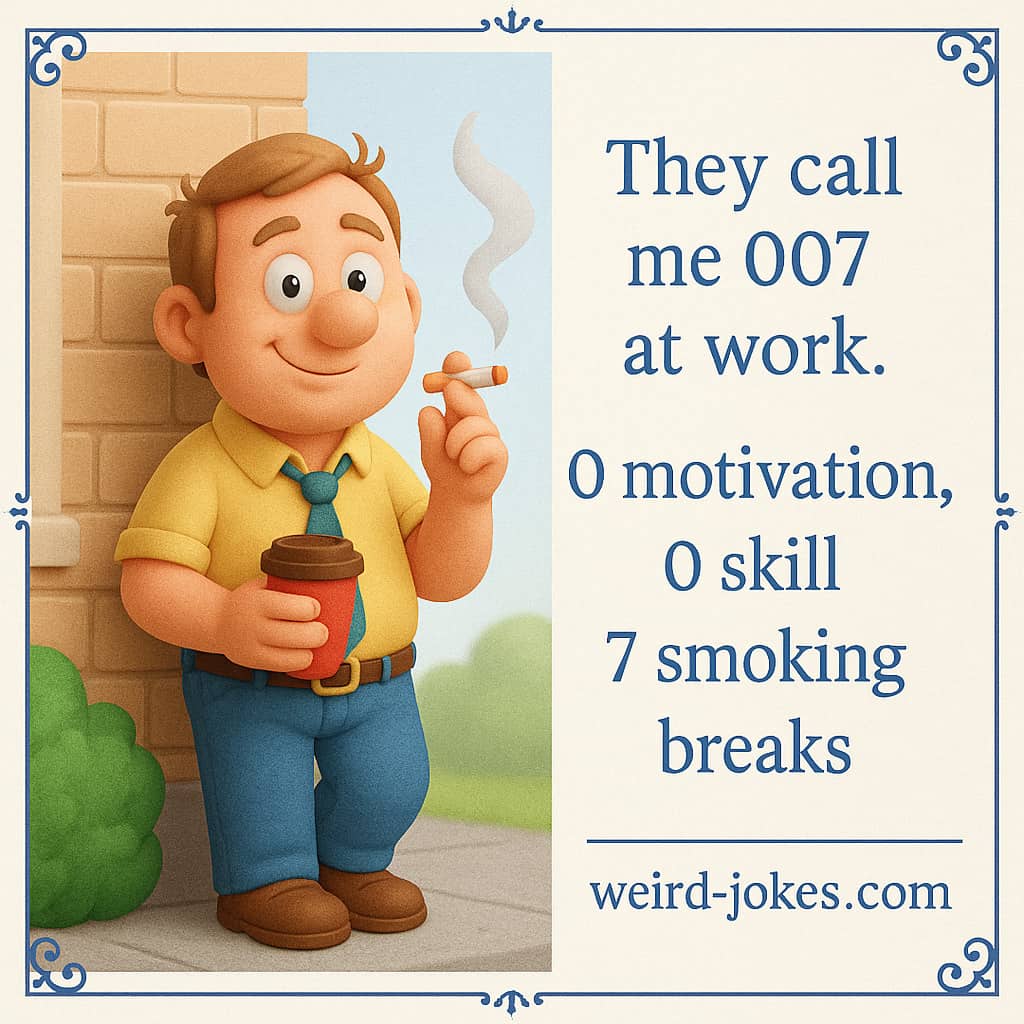 Smoking Joke meme: They call me 007 at work. 0 motivation, 0 skill, 7 smoking breaks.