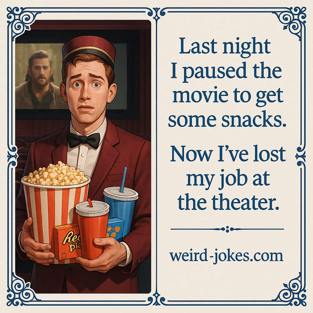 -Last night I paused the movie to get some snacks. Now I’ve lost my job at the theater.