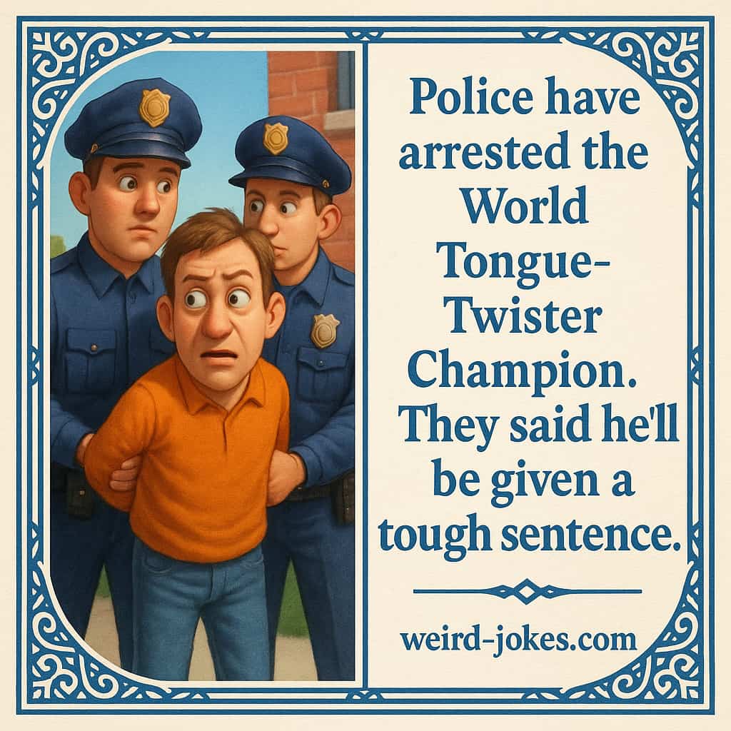 Police have arrested the World Tongue-Twister Champion. They said he'll be given a tough sentence.