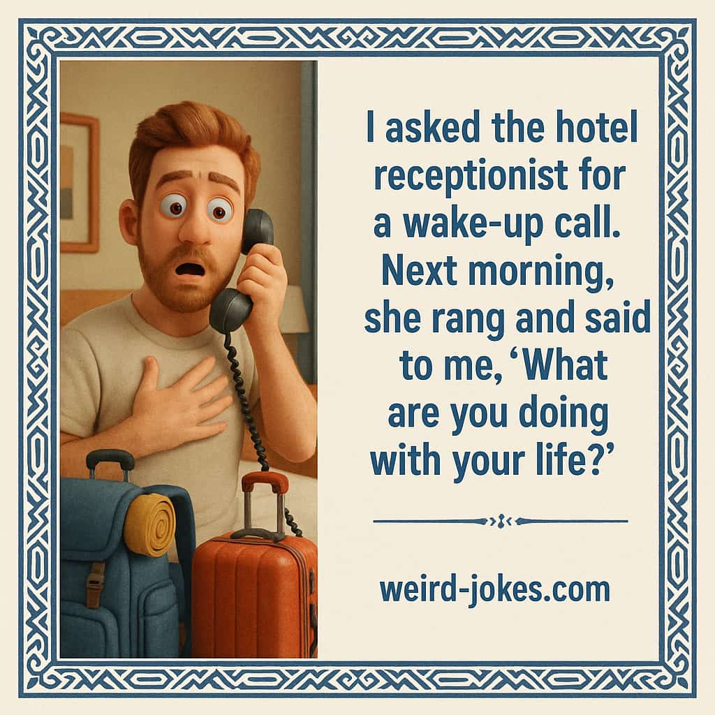 l asked the hotel receptionist for a wake-up call. Next morning, she rang and said to me, What are you doing with your life?