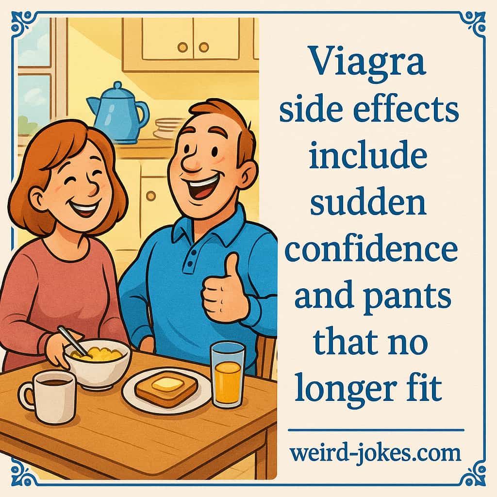 Viagra Joke meme: Viagra side effects include sudden confidence and pants that no longer fit.